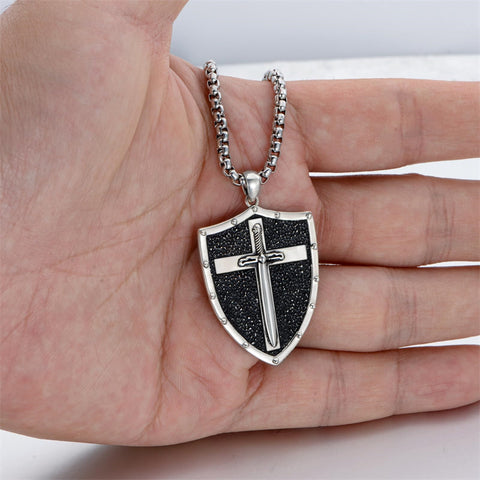 Sterling Silver Knights Templar & Cross Shield Pendant Necklace for Men