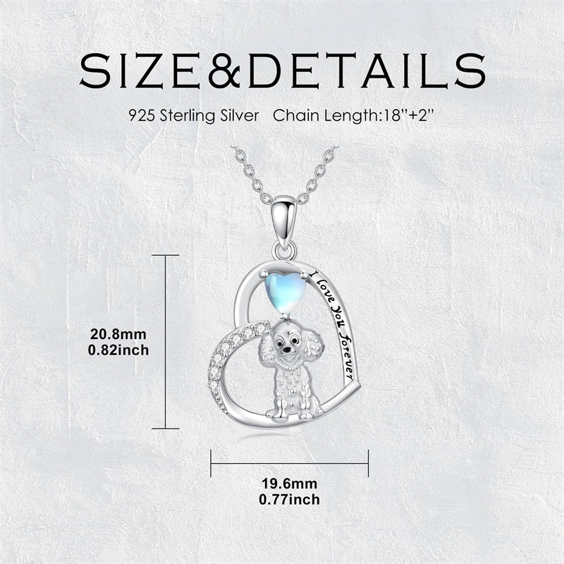 Sterling Silver Moonstone Pug Chihuahua Poodle German Shepherd Maltese Pendant Necklace Engraved wth I Love You Forever