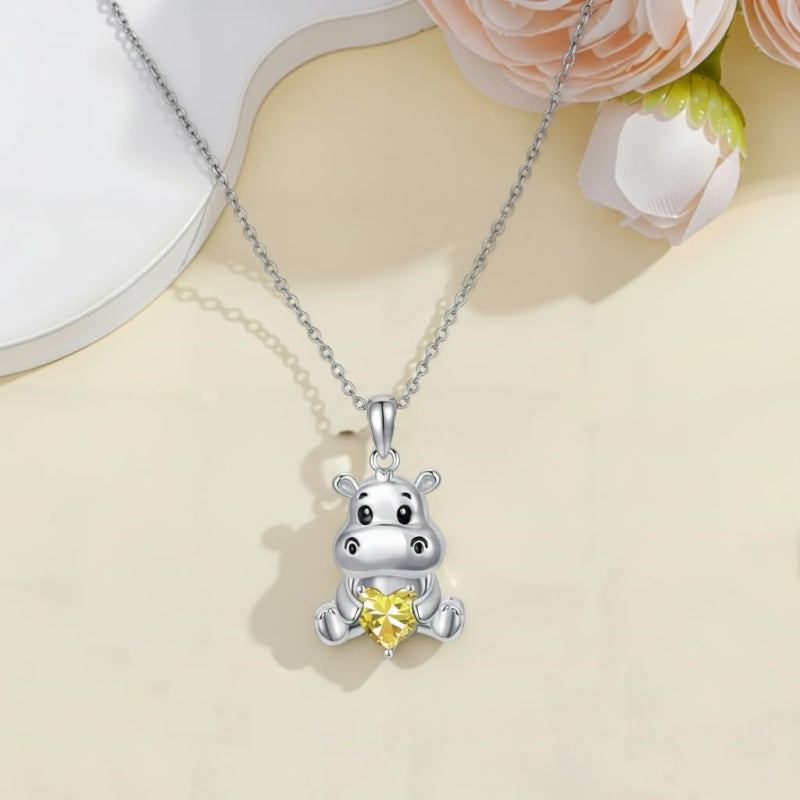 Sterling Silver Birthstone Hippo Pendant Necklace Birthday Christmas Gift