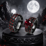 Sterling Silver 10K 14K 18K Gold Personalized Engraved  Halloween Dark Red Gemstone Couple Ring Set