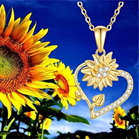 14K Gold Sunflower Heart Pendant Necklace