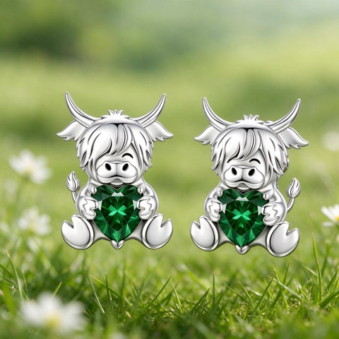 Sterling Silver 12 Month Birthstone Highland Cow Stud Earrings Christmas Gift