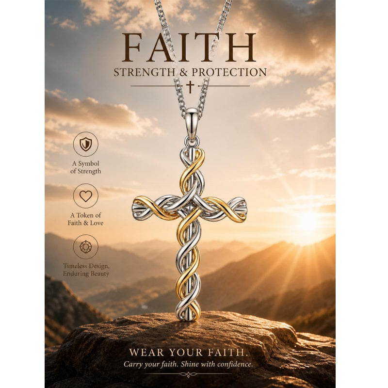 14K Gold Plated Two Tone Cross Pendant Necklace Christian Jewelry Religious Gift