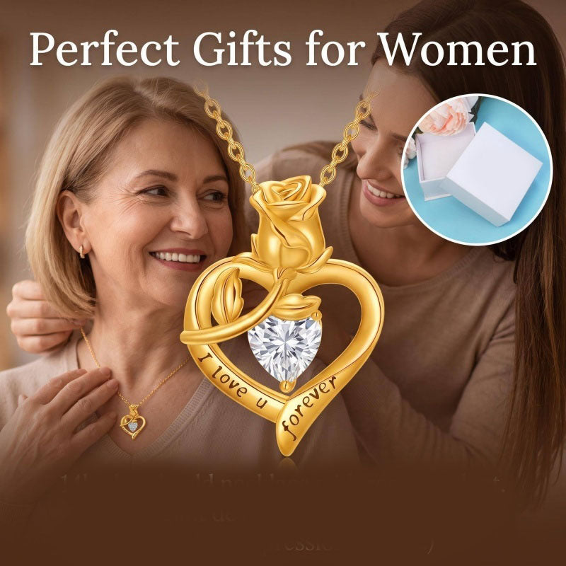 10K 14K 18K Gold Heart Rose Necklace I Love You Forever Heart Jewelry