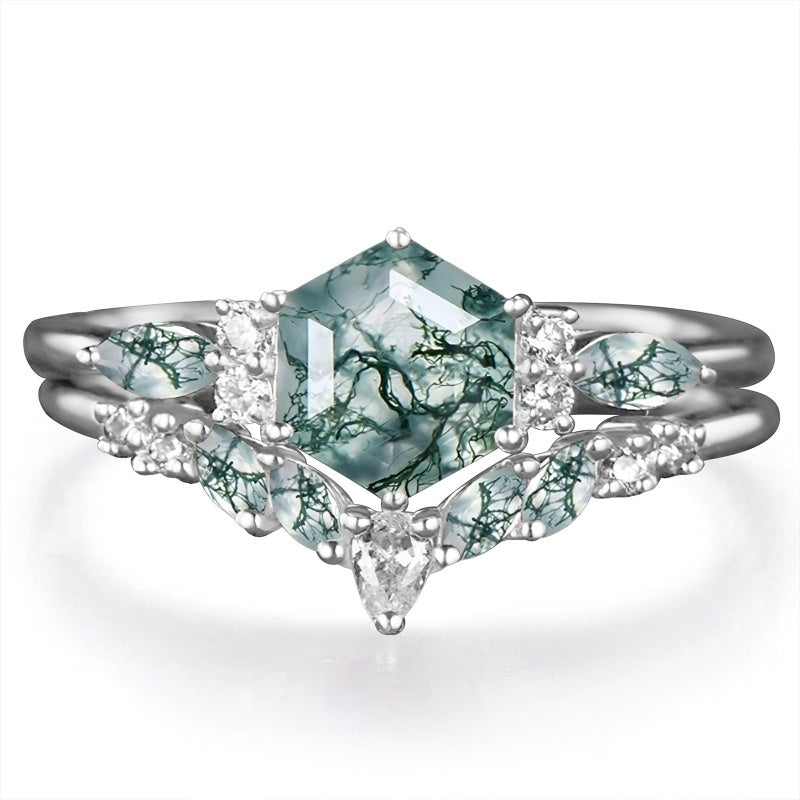 Sterling Silver 2CT Moss Agate  Engagement Wedding Ring Sets for Women