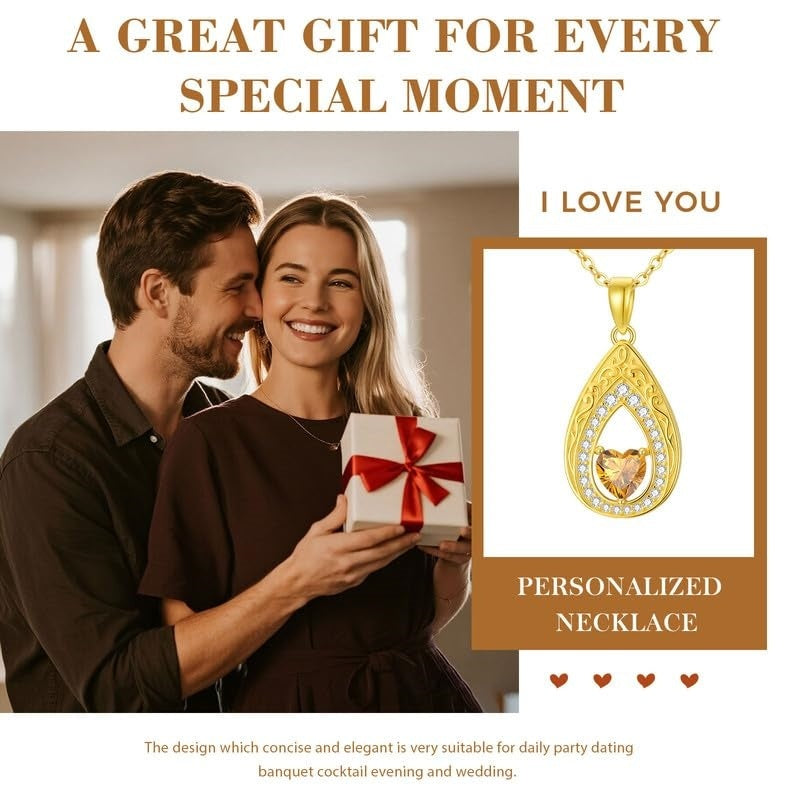Vintage Teardrop Birthstone 14K Yellow Gold Plated Pendant Necklace for Women