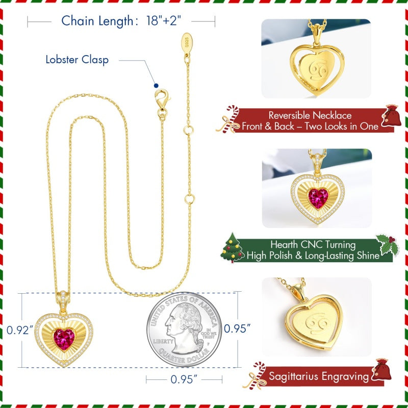 14K Gold  Plated Reversible Heart Birthstone Necklace with Zodiac Engraved Back Gifts for Women