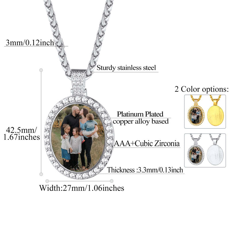 Copper Cubic Zirconia Oval Personalized Photo Engraved Pendant Necklace