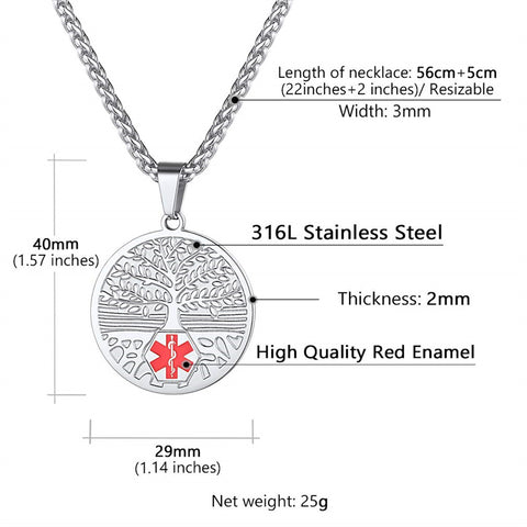 Stainless Steel Customized Engraved Tree of Life Supcare Medical Alert Pendant Necklace