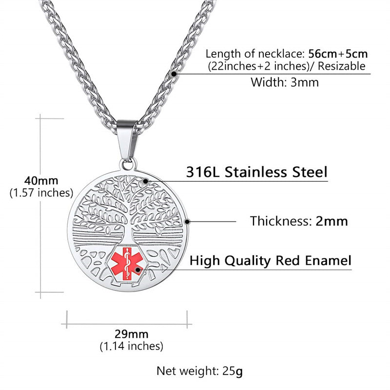 Stainless Steel Customized Engraved Tree of Life Supcare Medical Alert Pendant Necklace