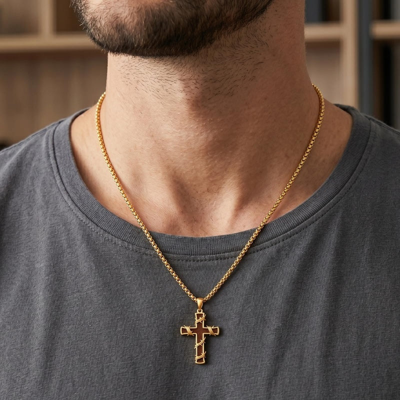 14K Gold Plated Wooden Cross Pendant Necklace Christian Catholic Jewelry Religious Gift