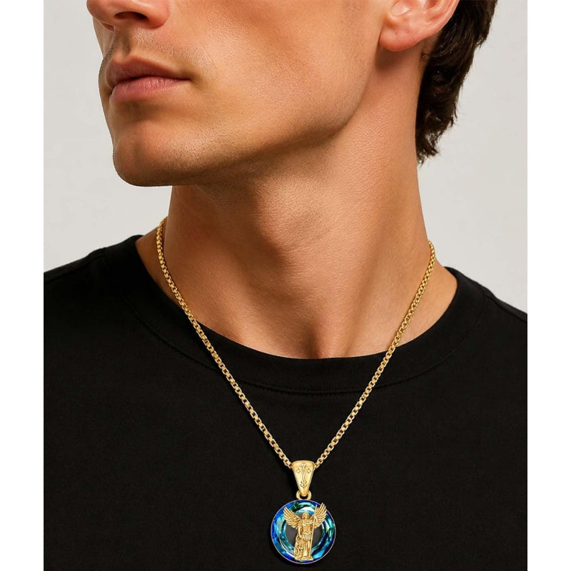 14K Gold Plated Blue Crystal Saint Protection Pendant Necklace Amulet Baptism Gift