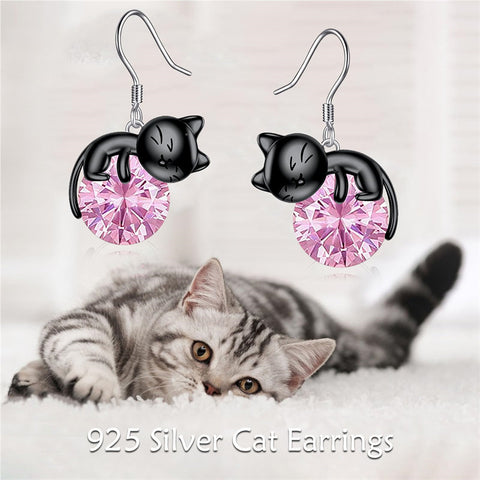 Sterling Silver Rose Quartz Birthstone Cat Dangle Earrings