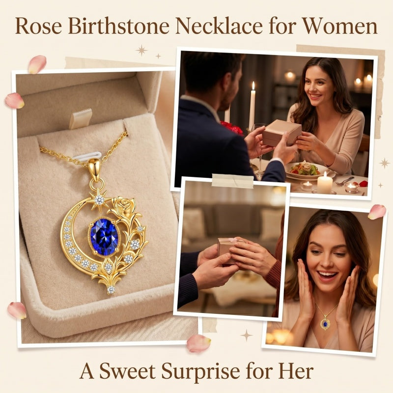 14K Gold Plated  Birthstone Rose Flower Necklace  Birthday Christmas Jewelry Gift