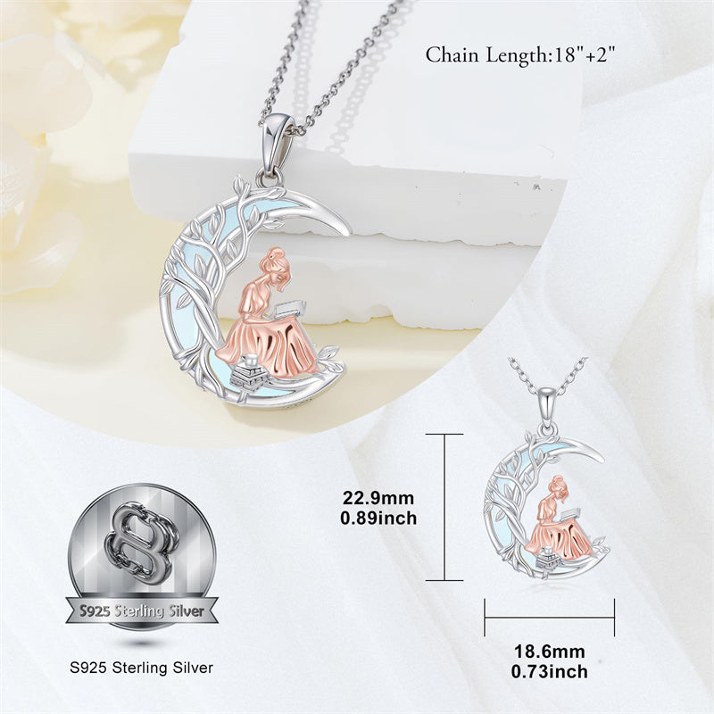Sterling Silver Moonstone Tree of Life Art Book Pendant Necklace for Book Lover