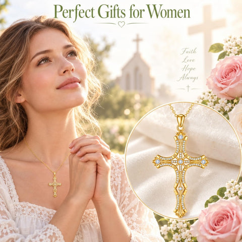 14K Gold Plated Cross Pendant Necklace for Women Religious Jewelry