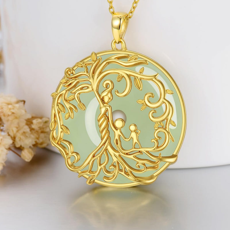 14k Gold Plated Sterling Silver Round Jade Tree of Life Necklace Good Fortune Jewelry for Women