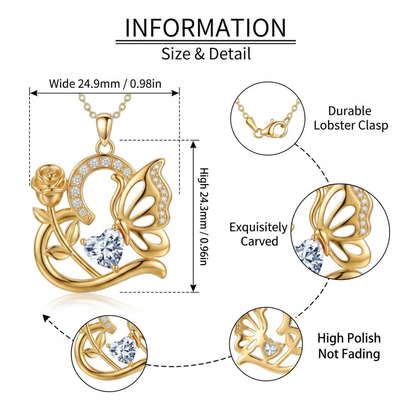 14K Gold Plated Heart Birthstone Rose Mom Butterfly Pendant Necklace for Women