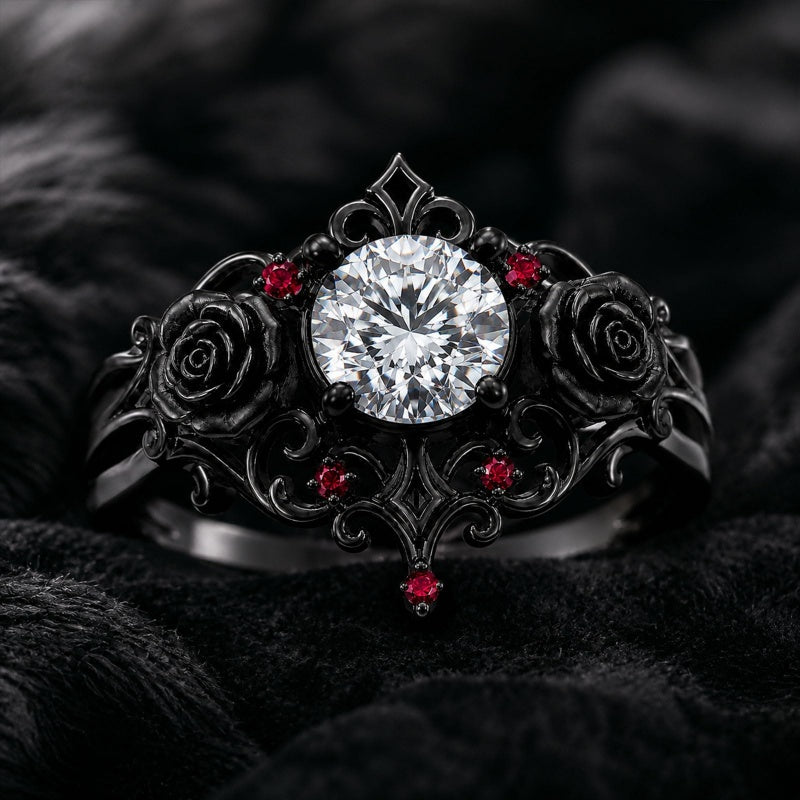 Sterling Silver 10K 14K 18K Gold Moissanite Gothic Black  Engagement Wedding Ring  for Women