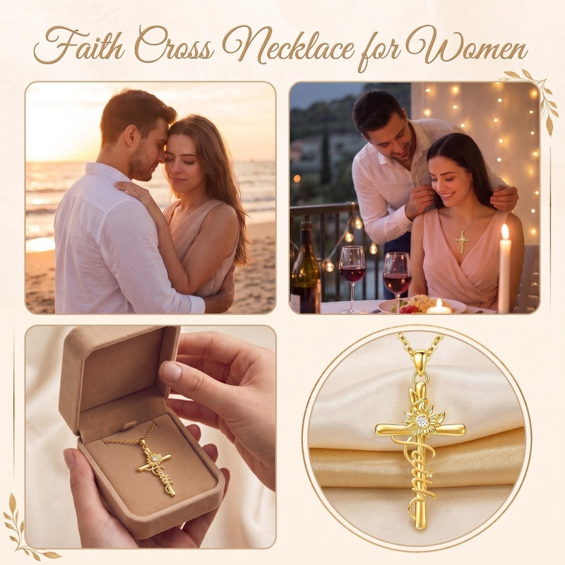 14K Gold Plated Faith Cross Pendant Necklace Religious Gifts for Women