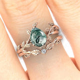 10K 14K 18K Gold Pear Shaped Natural Moss Agate Engagement Ring Set