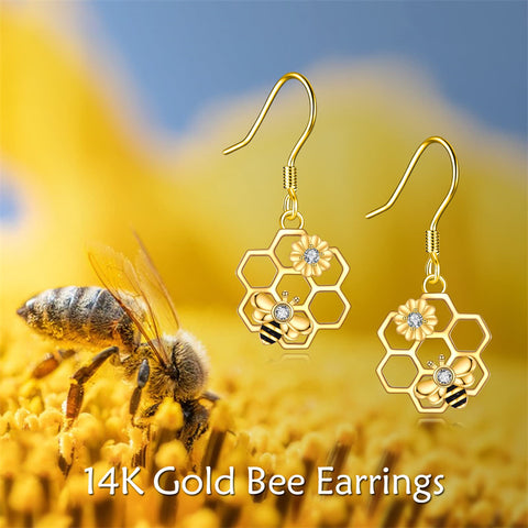 14k Yellow Gold Bee Earrings Honeycomb Bee & Sunflower Dangle Earrings