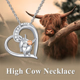 Sterling Silver Heart Highland Cow Pendant Necklace