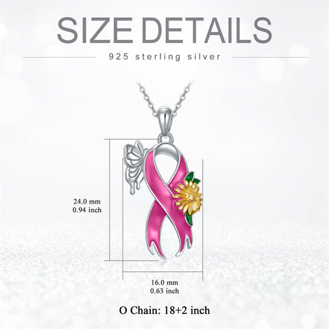 Sterling Silver Butterfly Glove Fight Sunflower Pink Ribbon Pink Breast Cancer Awareness Pendant Necklace