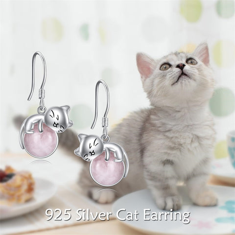 Sterling Silver Rose Quartz Birthstone Cat Dangle Earrings