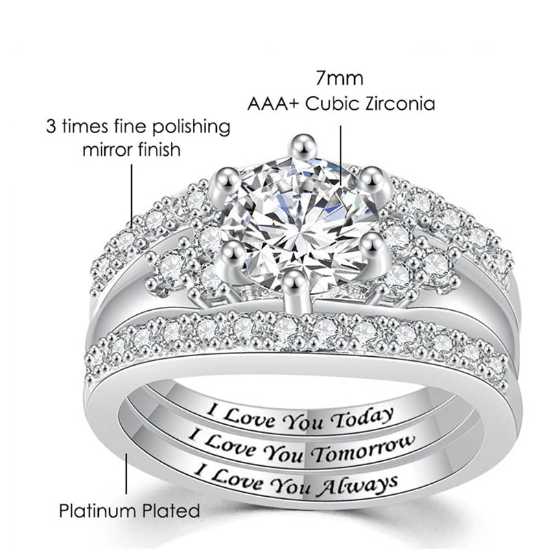 Copper Round Shaped Cubic Zirconia Three-in-One Eternity Engagement Wedding Band Ring Set
