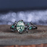 Sterling Silver 10K 14K 18K Gold Natural Leaf  Moss Agate Engagement Anniversary Couple Ring Sets
