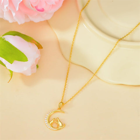 14K Gold Moon Cat Dog Rabbit Pendant Necklace