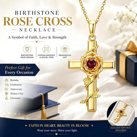 Birthstone Cross 14K Gold Plated Pendant Rose Cross Necklace for Women