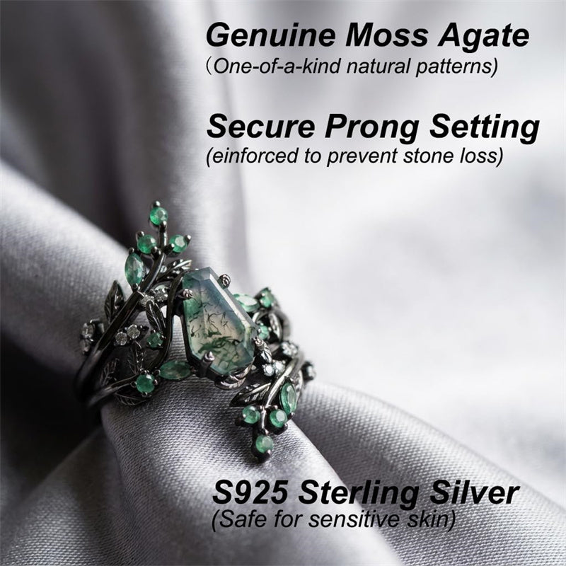 Sterling Silver 10K 14K  18K Gold Personalized Engraved Moss Agate Gothic Promise Wedding Engagement Black Ring Set