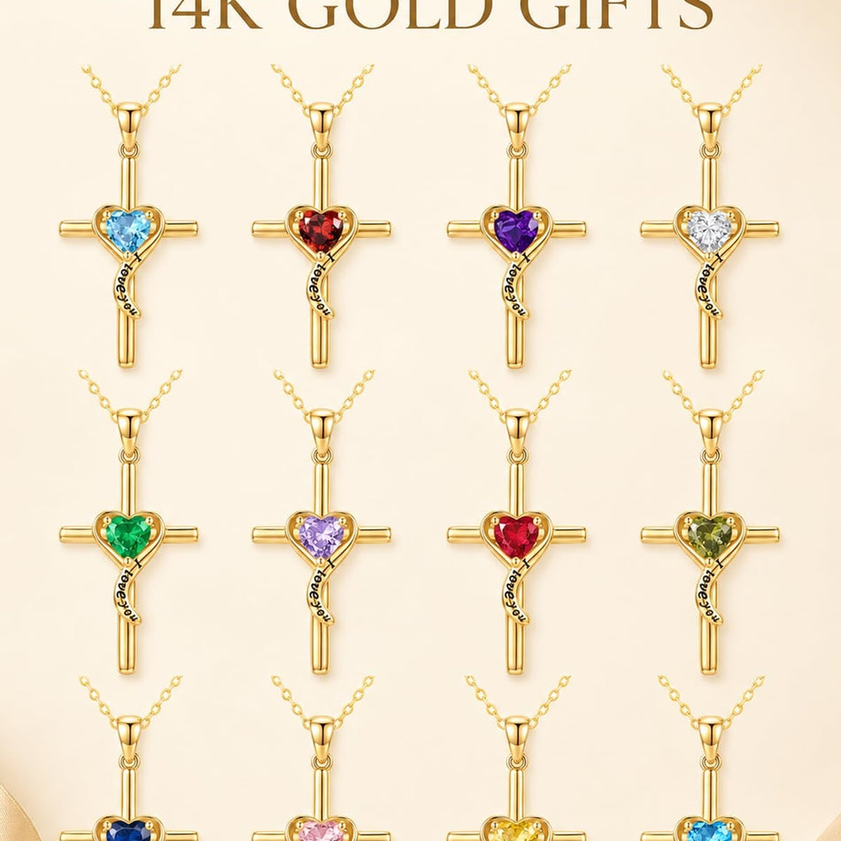 14K Gold Plated Dainty Heart Birthstone Pendant Cross Necklace for Women Religious Gift
