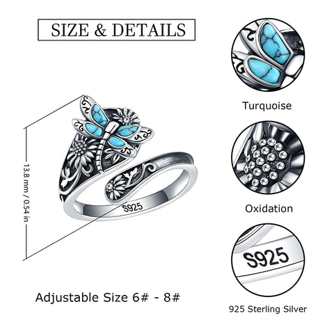 Sterling Silver Dragonfly Ring Butterfly Ring Hummingbird Spoon Ring Oxidized Animal Adjustable Ring for Women