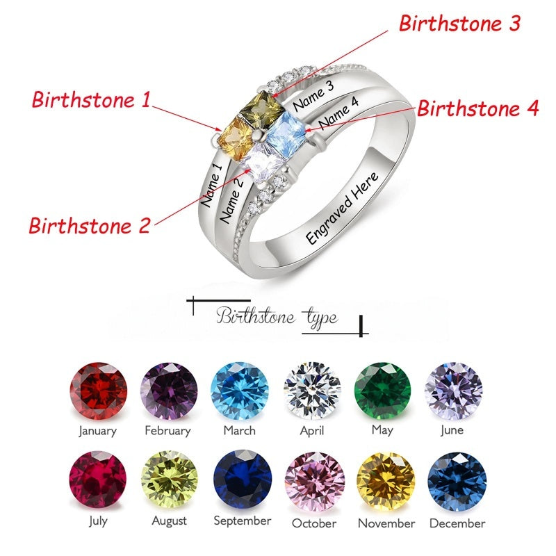 10K 14K 18K Gold Square Shaped Personalized 1-5 Birthstone  Family Mother's Ring Anniversary Ring for Women