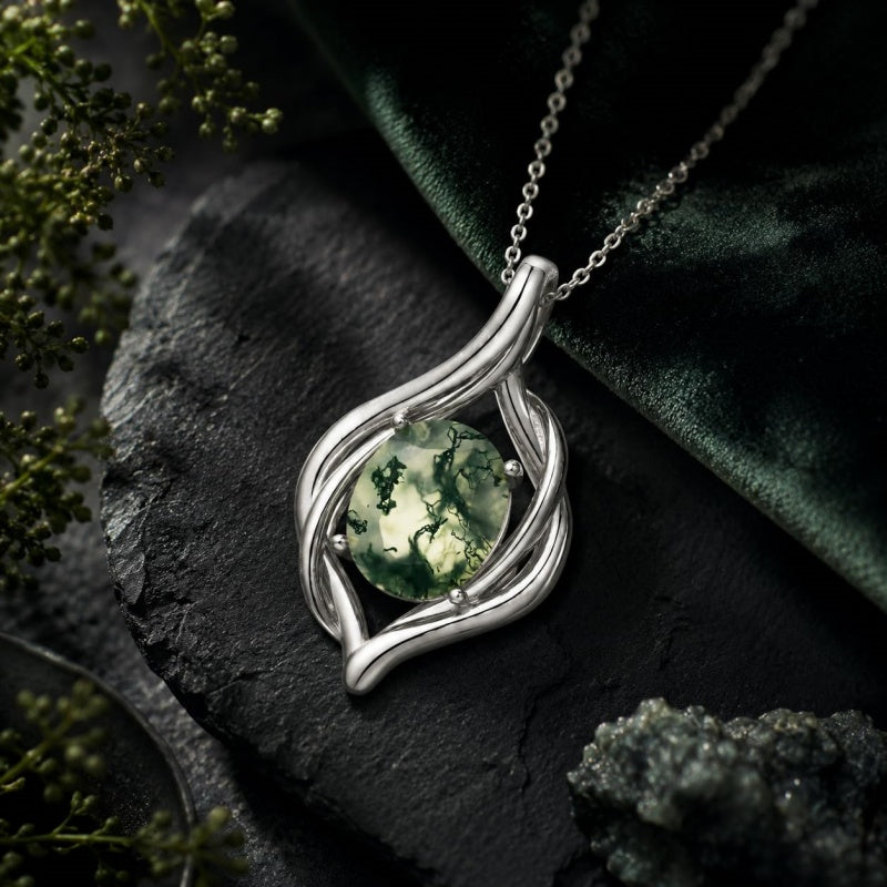 14K Gold Plated Moss Agate Pendant Necklace Boho Jewelry for Women