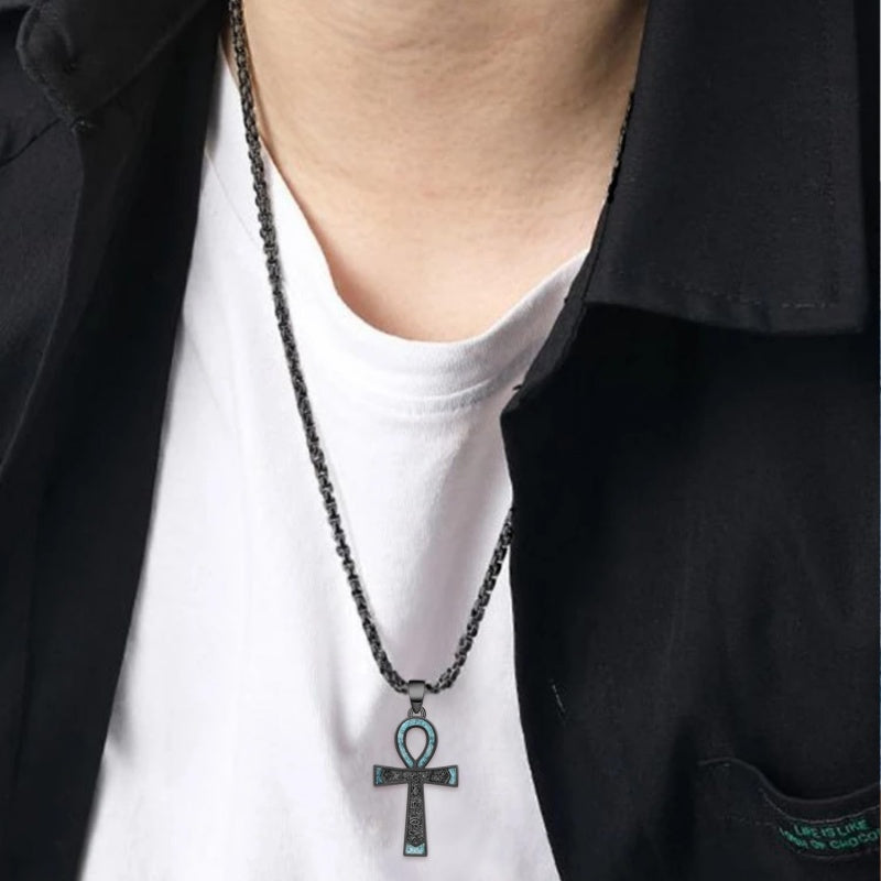 14K Gold Plated Turquoise Malachite Abalone Shell Cross Pendant Necklace for Men