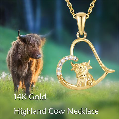 14K Gold Heart Highland Cow Pendant Necklace