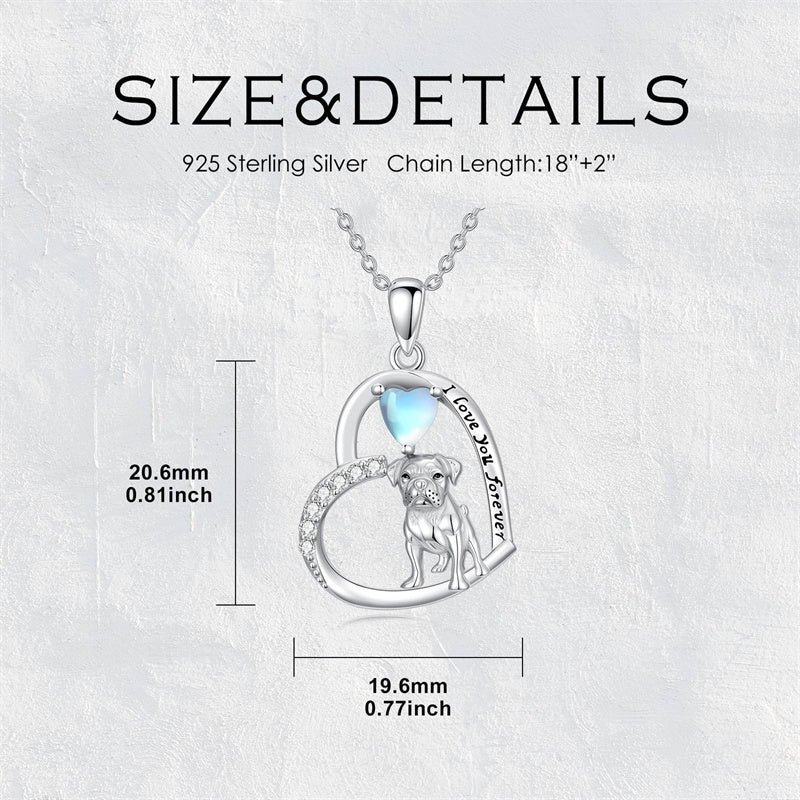 Sterling Silver Moonstone Pug Chihuahua Poodle German Shepherd Maltese Pendant Necklace Engraved wth I Love You Forever