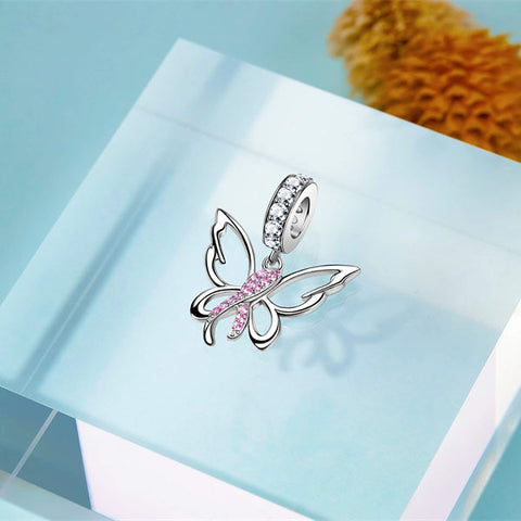 Sterling Silver Cubic Zirconia Butterfly Breast Cancer Awareness Charm Beads