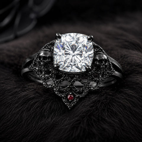 Sterling Silver 10K 14K 18K Gold Moissanite Gothic Black  Engagement Wedding Ring  for Women
