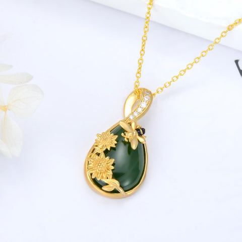 14K Gold Plated Natural Jade Hummingbird Cat Dragonfly Butterfly Bee Pendant Necklace for Women