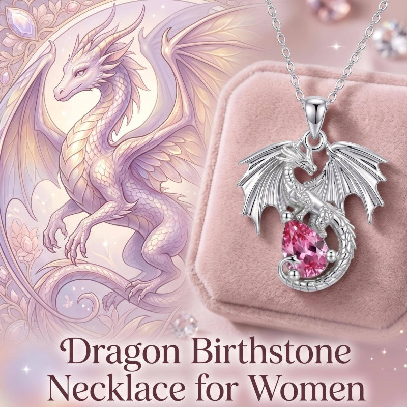 Sterling Silver Dragon Birthstone Necklace Jewelry Gifts for Dragon Lovers, Birthday Anniversary
