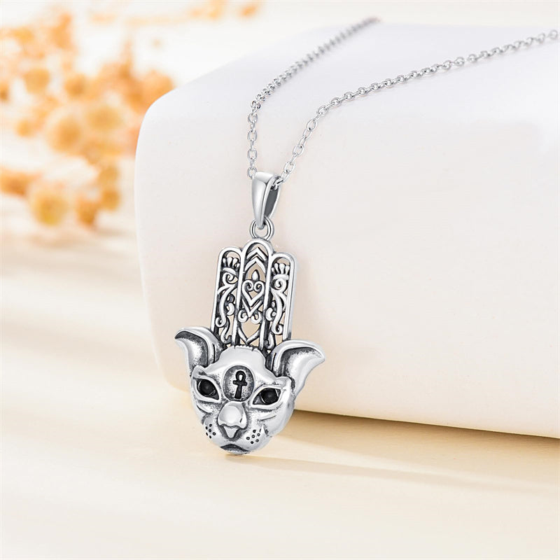 Sterling Silver Hamsa Hand Owl Egyptian Cat Lion Pendant Necklace