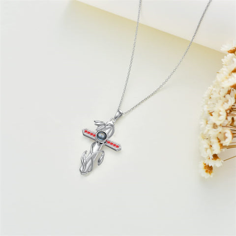 Sterling Silver Cross 100 Languages 12 Month Birthstone Birth Month Flower Pendant Necklace