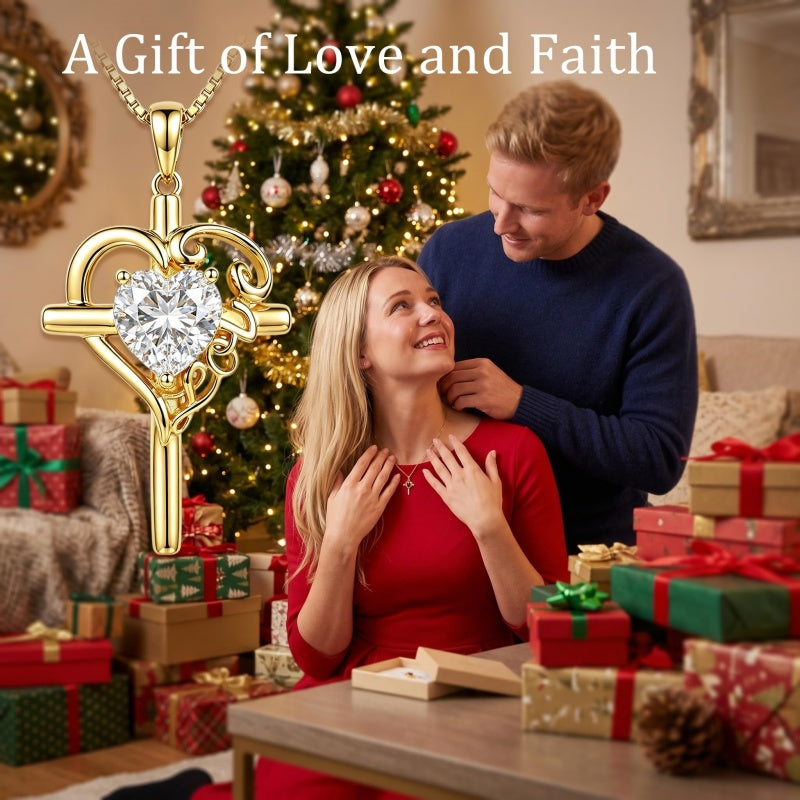 14K Gold  Plated Heart Shape Birthstone  Love Cross Necklace for Women Religious Jewelry