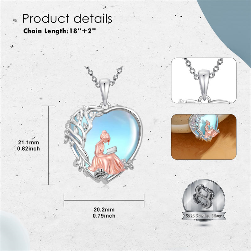 Sterling Silver Moonstone Tree of Life Art Book Pendant Necklace for Book Lover