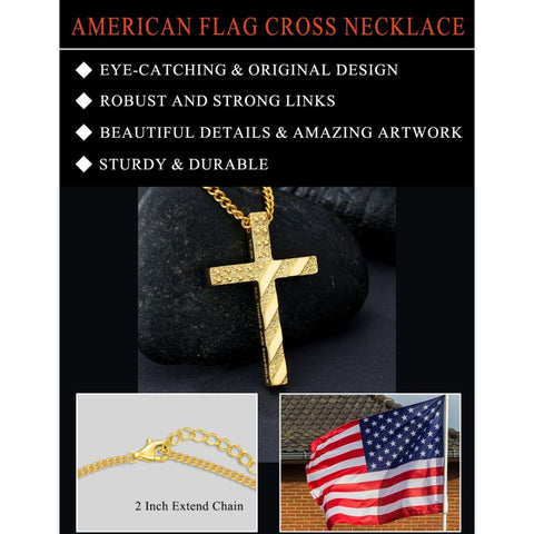 Bible Verse 14K Gold Plated American Flag Cross Necklace for Men